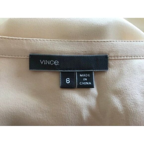 VINCE 100% Silk Long Sleeve Colorblock Blouse Top Size 6 Ivory Peach Split Neck - Picture 4 of 10